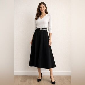 Black A-Line Midi Skirt with Belt – Size S